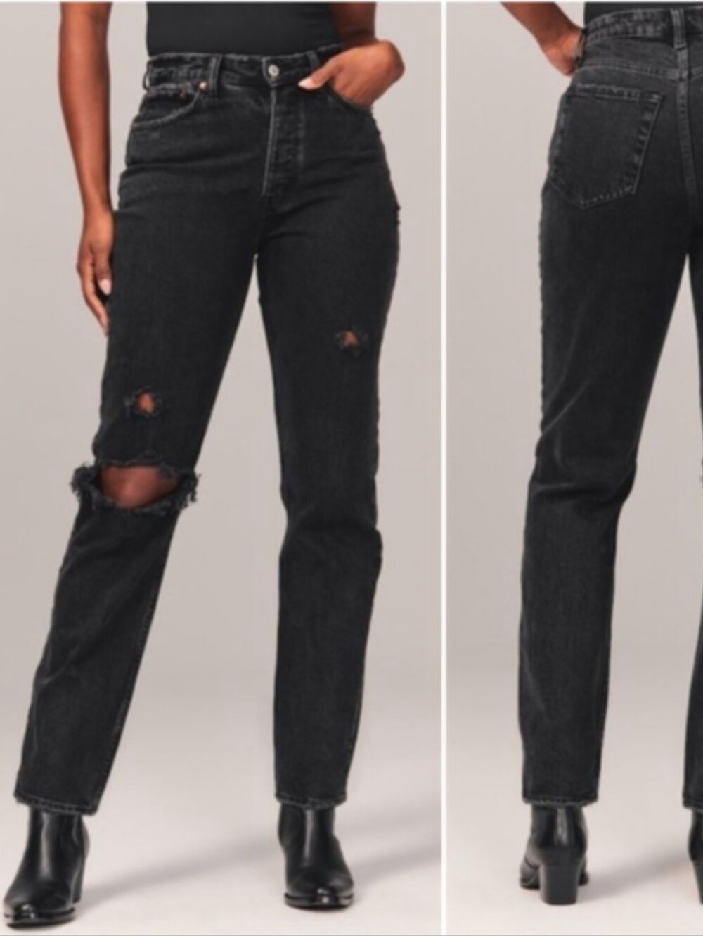 Abercrombie & Fitch Dad Jeans High Rise Relaxed Straight Leg Distressed Black 2